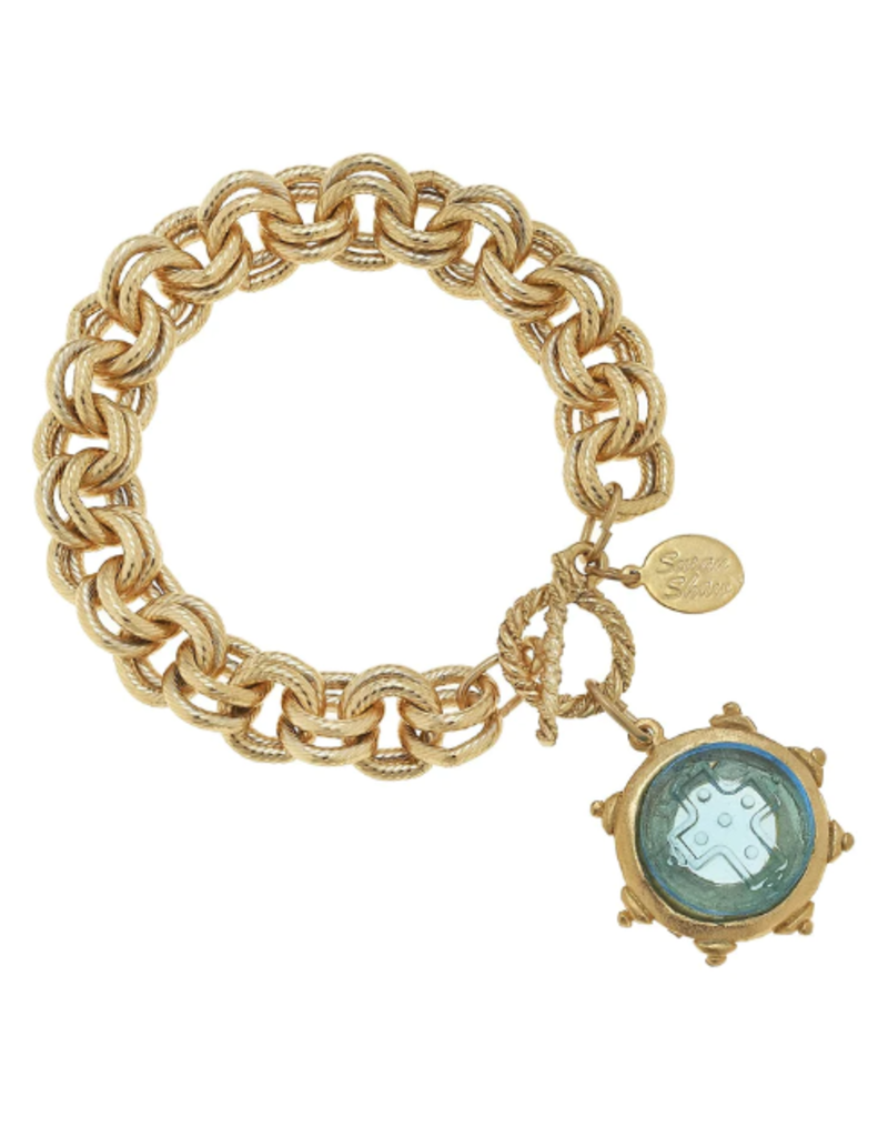 Gold/Aqua Venetian Glass Cross Bracelet