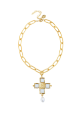White Glass Cross & Freshwater Pearl Necklace