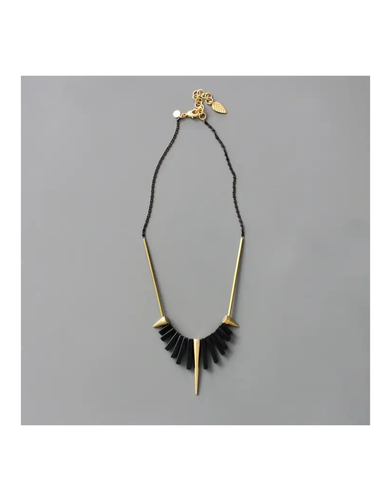 David Aubrey Jewelry Geometric Black Agate and Brass Spike Necklace