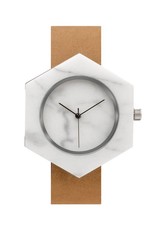 Analog Watch Co. SALE White Marble Hexagon Mason Watch With Brown Strap
