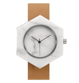 Analog Watch Co. White Marble Hexagon Mason Watch With Brown Strap