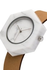 Analog Watch Co. SALE White Marble Hexagon Mason Watch With Brown Strap
