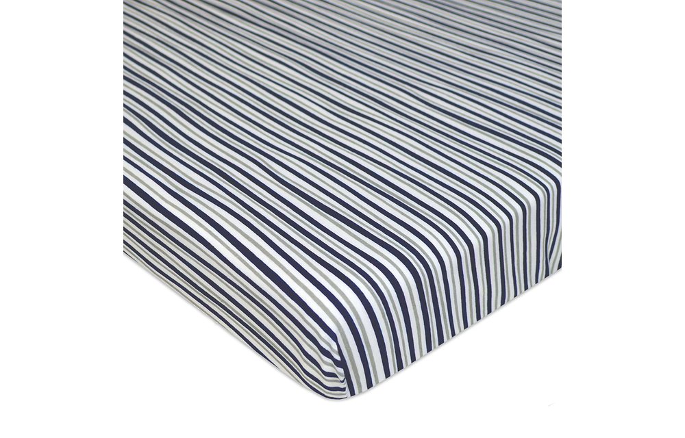 American Baby Knit Crib Sheet In Gray / Navy Fun Strip