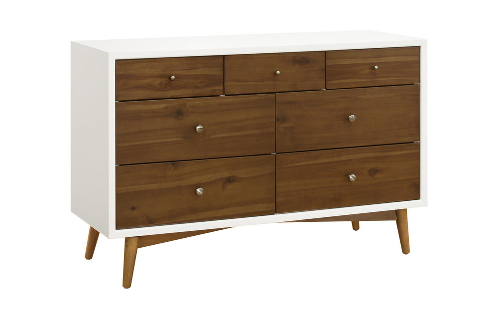 Baby Letto Palma 7-Drawer Double Dresser, Assembled in Warm White with Natural Walnut