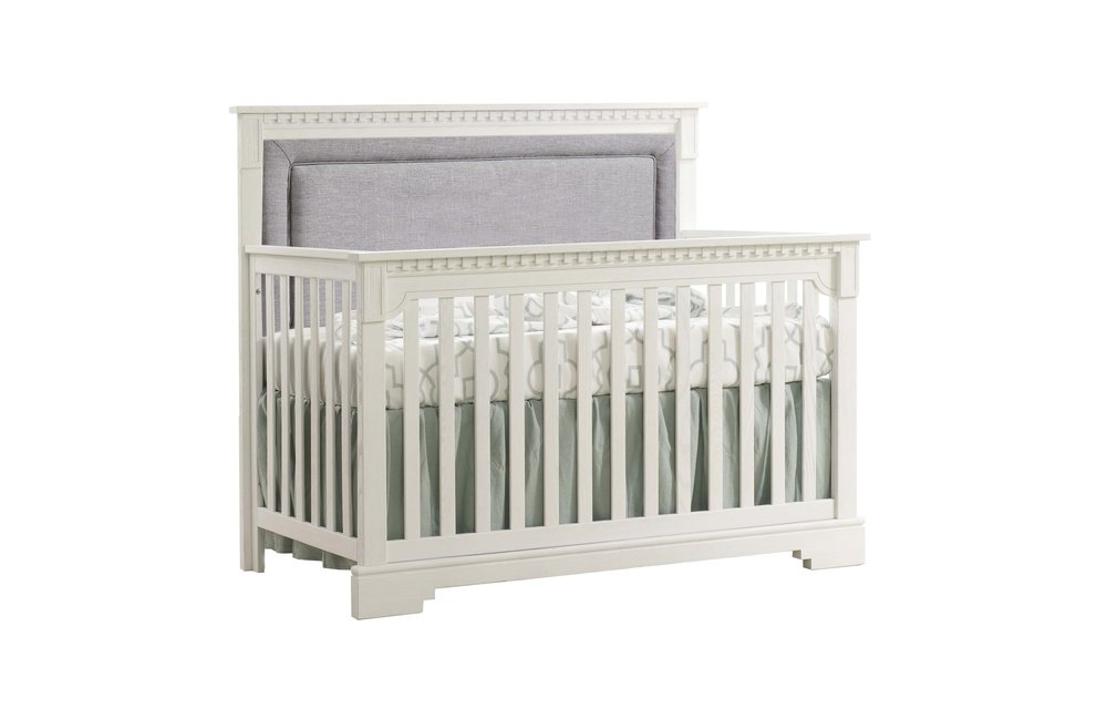 Natart Ithaca 4-in-1 Convertible Crib In Rustic White with Upholstered Panel (w/out rails) In Fog
