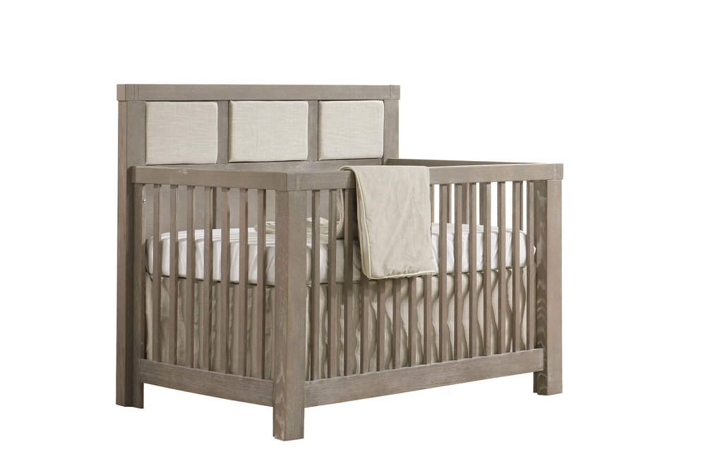 Natart Rustico 4-in-1 Convertible Crib In Sugar Cane with upholstered Panel Talc