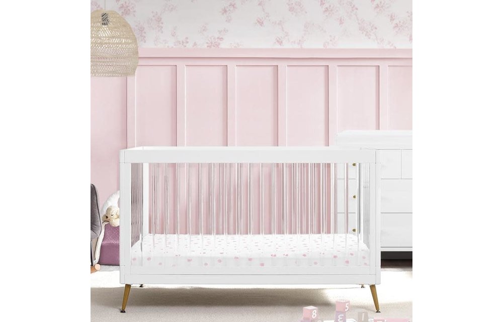 Delta Sloane 3-in-1 Acrylic Crib with Toddler Guard Rail In White With Melted Bronze