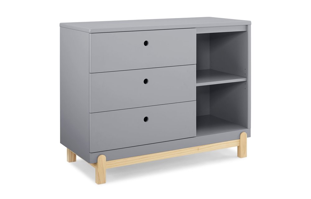 Delta Poppy 3 Drawer Dresser with Shelf In Grey With Natural