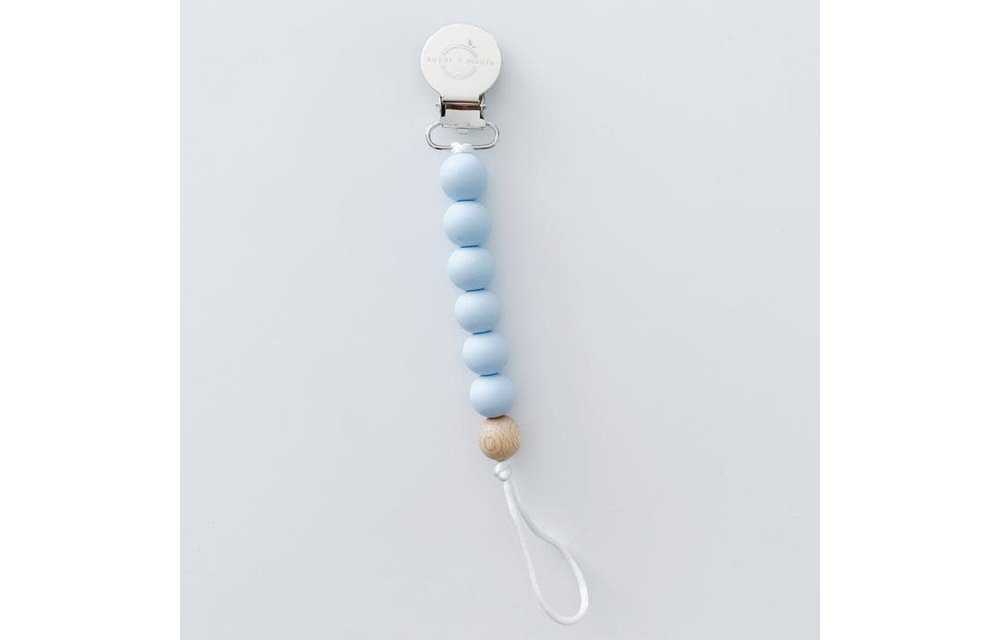 Sugar And Maple Pacifier + Teether Clip- Silicone with 1 Beechwood Bead - Blue