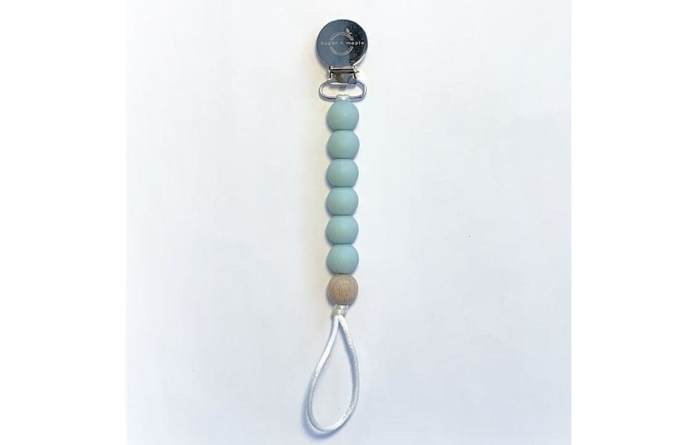 Sugar And Maple Pacifier + Teether Clip- Silicone with 1 Beechwood Bead - Seaglass