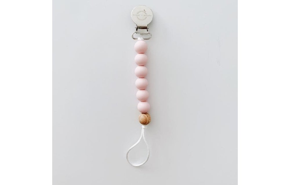 Sugar And Maple Pacifier + Teether Clip- Silicone with 1 Beechwood Bead - Blush