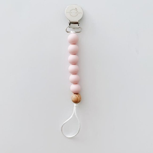 Sugar And Maple Pacifier + Teether Clip- Silicone with 1 Beechwood Bead - Blush