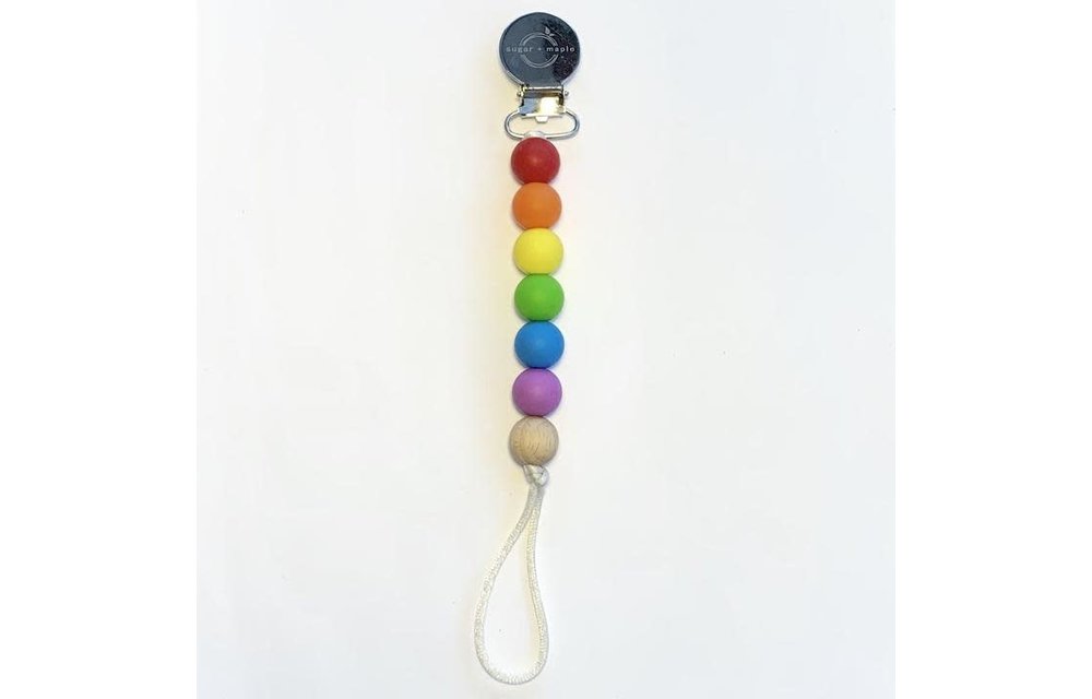 Sugar And Maple Pacifier + Teether Clip- Silicone with 1 Beechwood Bead - Rainbow Primary
