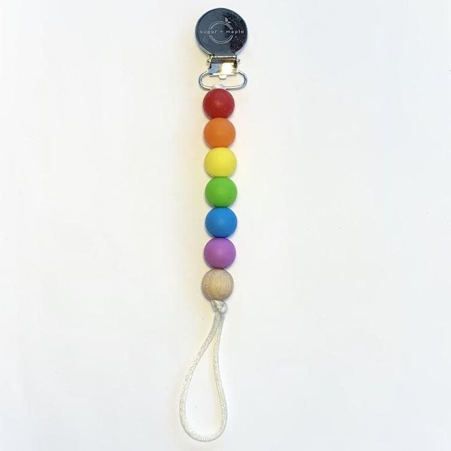 Sugar And Maple Pacifier + Teether Clip- Silicone with 1 Beechwood Bead - Rainbow Primary