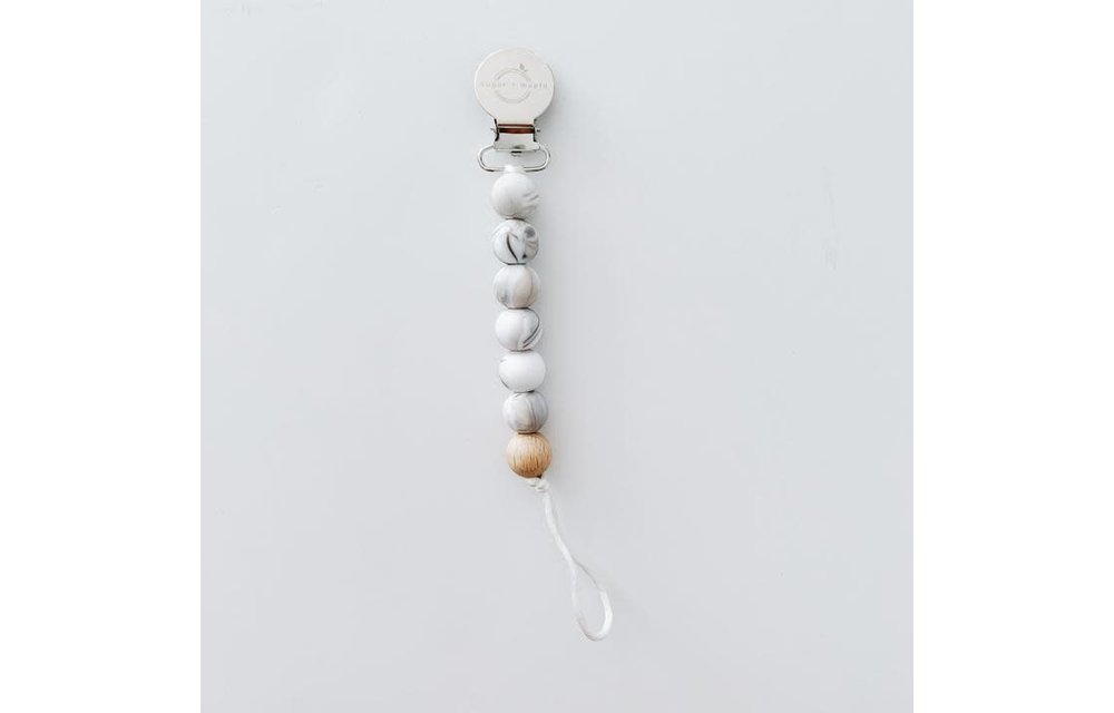 Sugar And Maple Pacifier + Teether Clip- Silicone with 1 Beechwood Bead - Marble