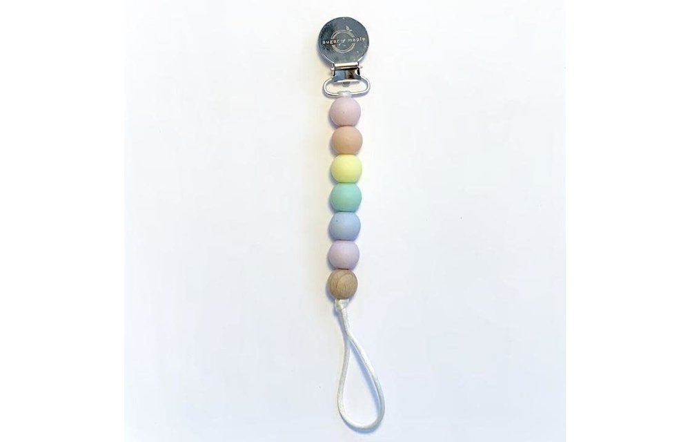 Sugar And Maple Pacifier + Teether Clip- Silicone with 1 Beechwood Bead - Rainbow Pastel