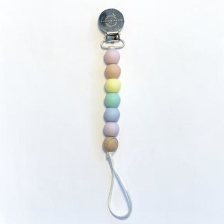 Sugar & Maple Sugar And Maple Pacifier + Teether Clip- Silicone with 1 Beechwood Bead - Rainbow Pastel