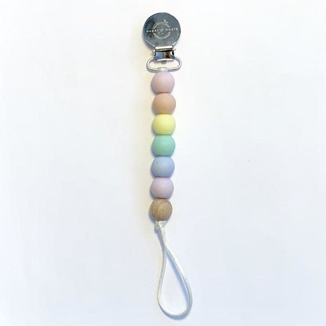 Sugar And Maple Pacifier + Teether Clip- Silicone with 1 Beechwood Bead - Rainbow Pastel