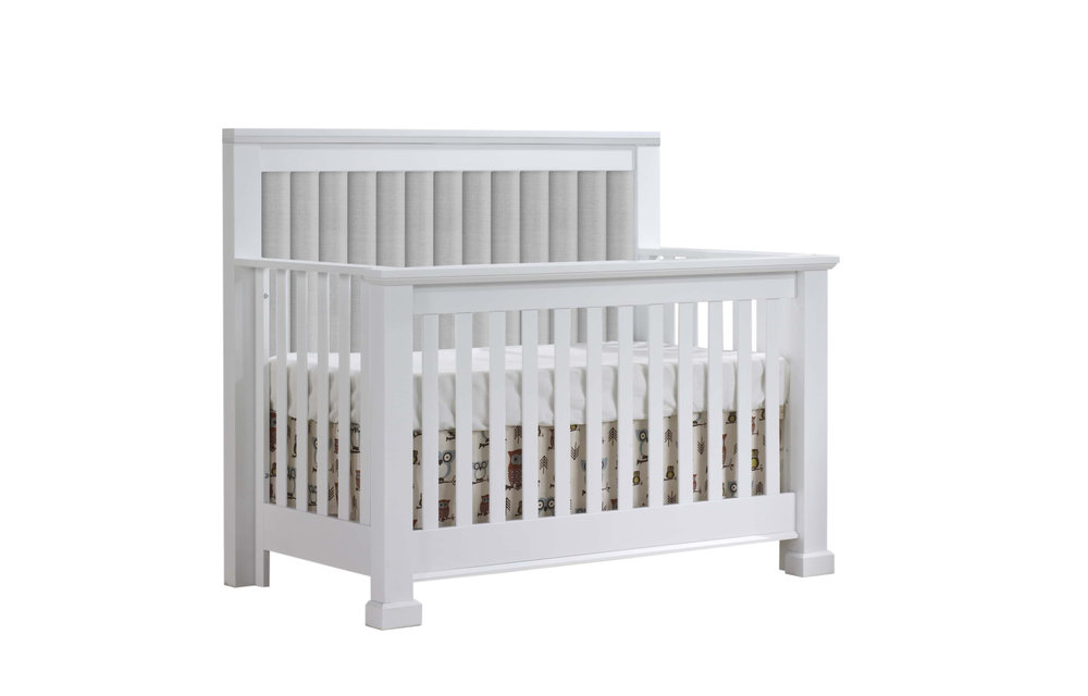 Natart Taylor 5 In 1 Crib In White With Channel Tufted In Upholstered Headboard In Linen Grey