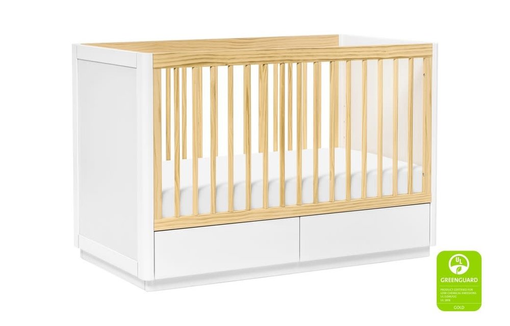 Baby Letto Bento 3 In 1 Convertible Storage Crib In White/Natural With Toddler Bed Conversion Kit