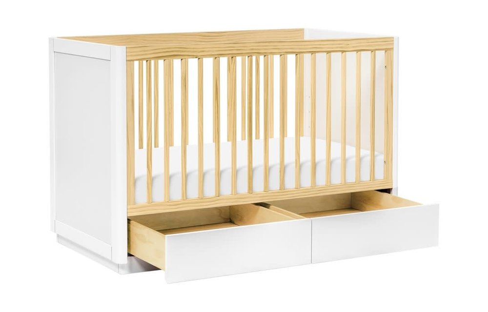 Baby Letto Bento 3 In 1 Convertible Storage Crib In White/Natural With Toddler Bed Conversion Kit