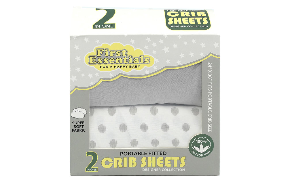 First Essentials Porta Crib Sheet In Light Gray /Gray Dots (2 Pack)