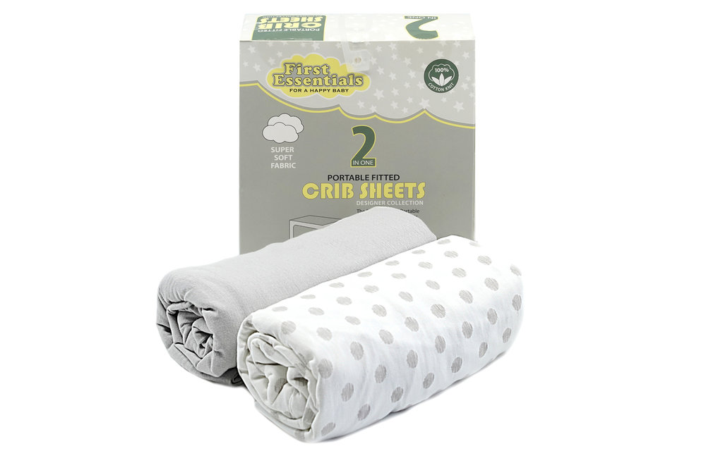 First Essentials Porta Crib Sheet In Light Gray /Gray Dots (2 Pack)
