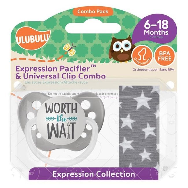 Ulubulu Worth The Wait Pacifier 0-6M and Gray Stardust Pacifier Clip