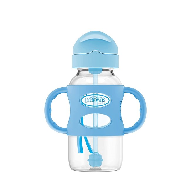 Dr. Brown's Wide-Neck Sippy Straw Bottle with Handles, Blue, 9 Ounce