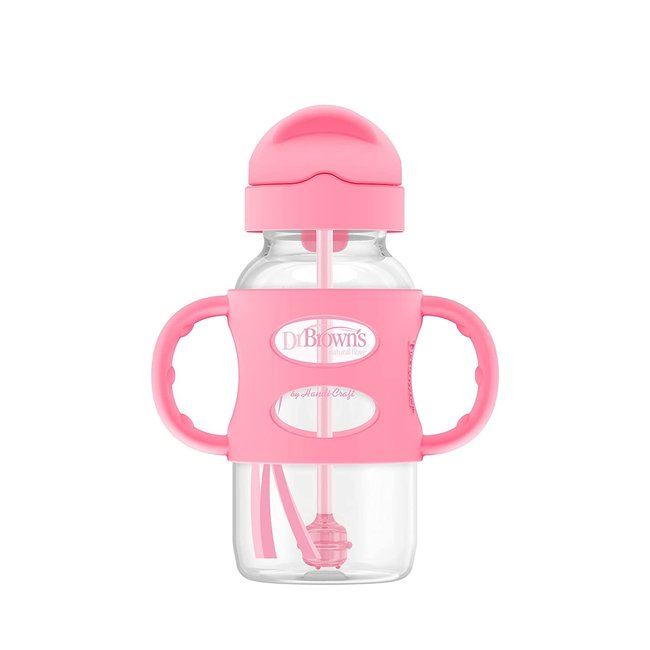 Dr. Brown's Wide-Neck Sippy Straw Bottle with Handles, Pink, 9 Ounce
