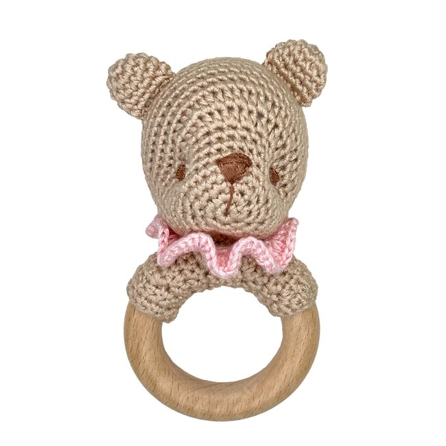 Zubels Bear Bamboo Crochet Woodring Rattle 5"