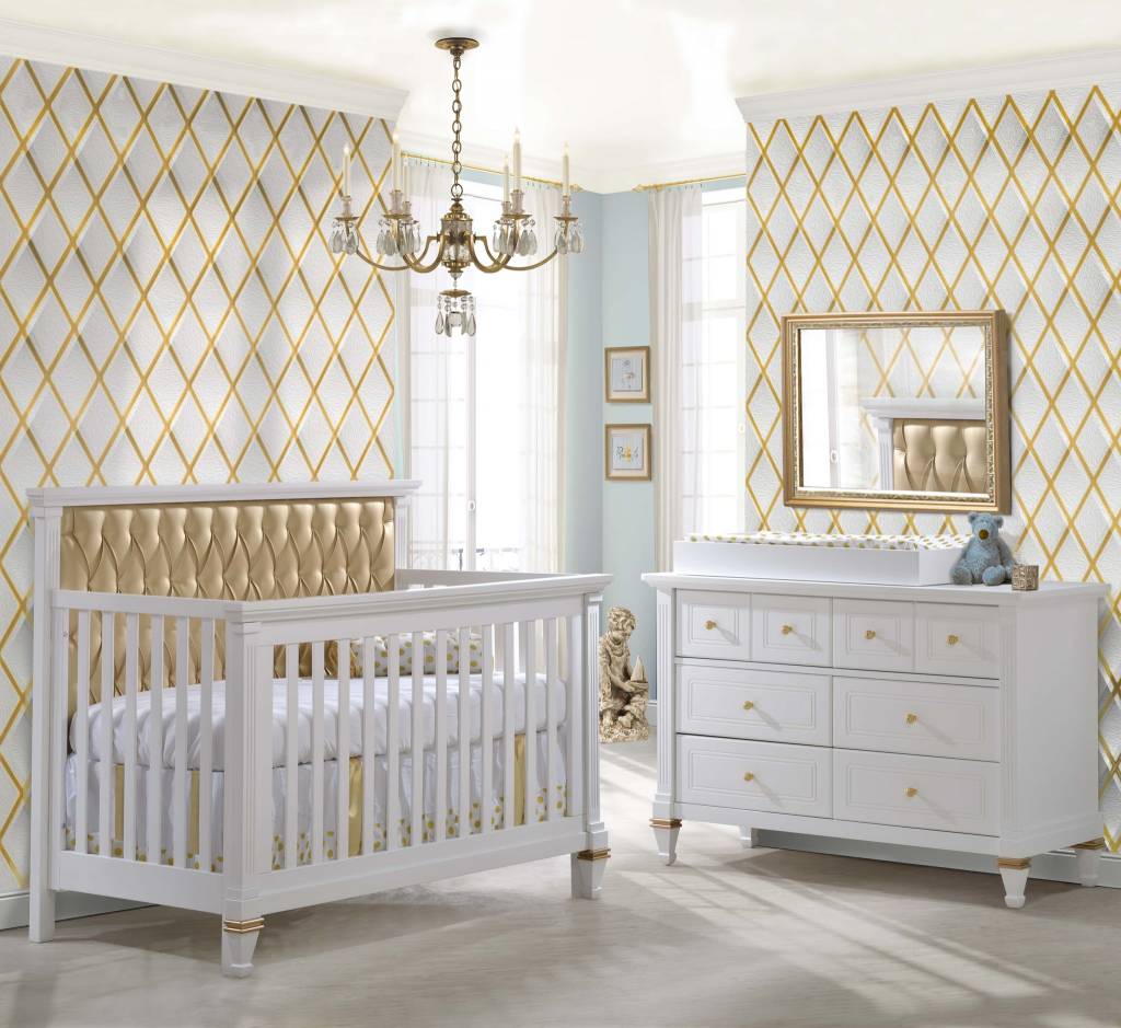 Natart Belmont Gold Crib In White With Tufted Panel In Gold