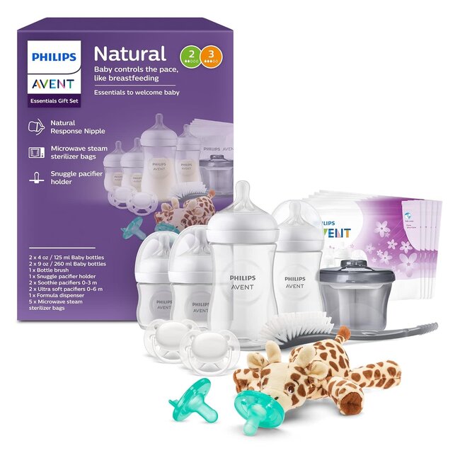 Philips Avent Natural All-in-One Baby Gift Set, Bottles with Natural Response Nipples, 2X Each: 4oz (Slow Flow Rate 2) and 9oz (Medium Flow Rate 3), Soothie and Ultra Soft Pacifiers, SCD839/02