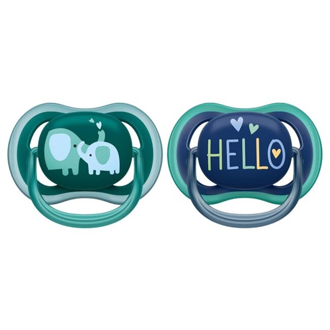 Avent Ultra Air Pacifier 2 pack Green Elephant/Hello 18 Months +