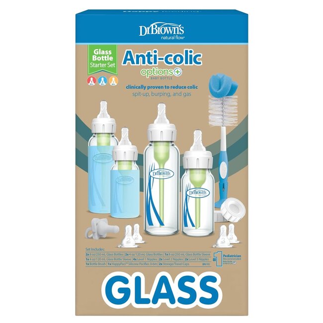 Dr. Brown's Anti-Colic Options+ Narrow Glass Baby Bottle Starter Set with Silicone Bottle Sleeves, Levels 1, 2, and 3 Nipples, Soft Touch Cleaning Brush, Storage/Travel Caps