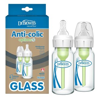 Dr. Brown Dr. Brown's Anti-Colic Options+ Narrow Glass Baby Bottle with Level 1 Slow Flow Nipple, BPA-Free, 4 oz/120mL, 2-Pack