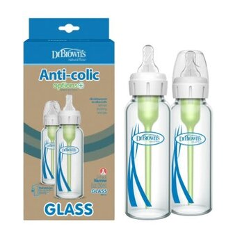 Dr. Brown Dr. Brown's Anti-Colic Options+ Narrow Glass Baby Bottle with Level 1 Slow Flow Nipple, BPA-Free, 8 oz/120mL, 2-Pack