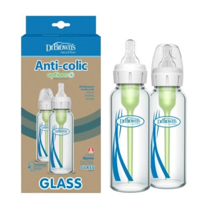 Dr. Brown's Anti-Colic Options+ Narrow Glass Baby Bottle with Level 1 Slow Flow Nipple, BPA-Free, 8 oz/120mL, 2-Pack