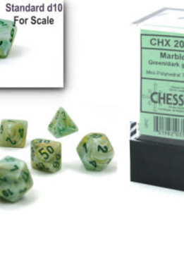 20409: 7 Mini Dés Polyédrique marbrés vert avec chiffres vert foncé