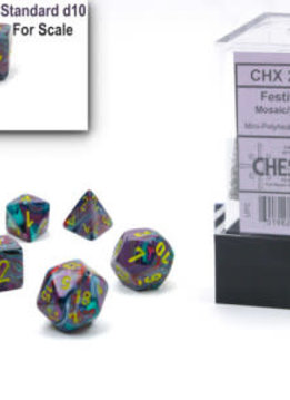 20450: 7 Mini Dés Polyédrique Festive Mosaique avec chiffre jaune