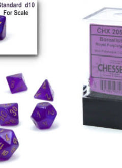 7 Mini Dés Polyédriques Borealis Luminary Violet Royal chiffres dorés