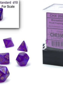 7 Mini Dés Polyédriques Borealis Luminary Violet Royal chiffres dorés