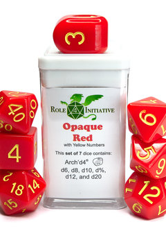 Set of 7 Dice:  Opaque Red/Yellow Number  Arch'D4