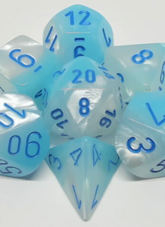 26465: 7 dés Polyédriques Gemini Perlé blanc/bleu chiffres bleu