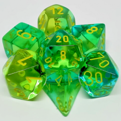 26466: 7 dés Polyédriques Gemini transparent vert/sarcelle chiffre jaune