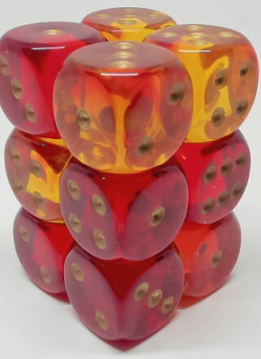 26668: 12d6 Gemini translucides rouge/jaune avec points dorés