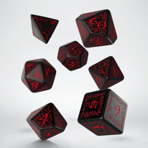 Ensemble de 7 dés polyédriques elfiques noirs avec chiffres rouges