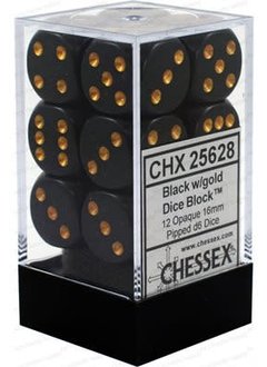 25628: 12D6 Opaque Black/Gold Dice Set