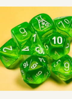 Ensemble de 7 dés polyédriques: Translucides vert "rad" avec chiffres blancs (d6 bonus)