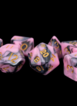 Dice: Acrylic 7pc Set: Pink/Black w/ Gold Numbers